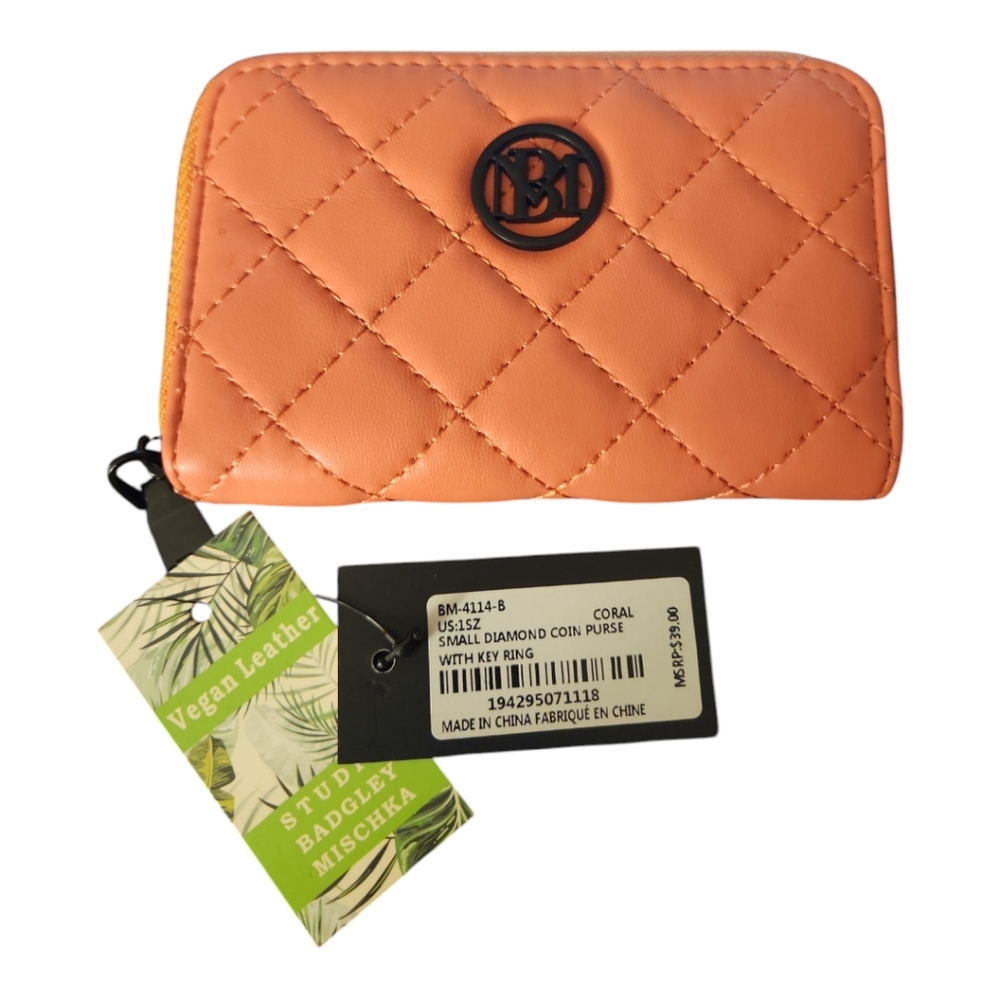Badgley Mischna Coral Vegan Leather Diamond Coin Purse with Key Ring NWT